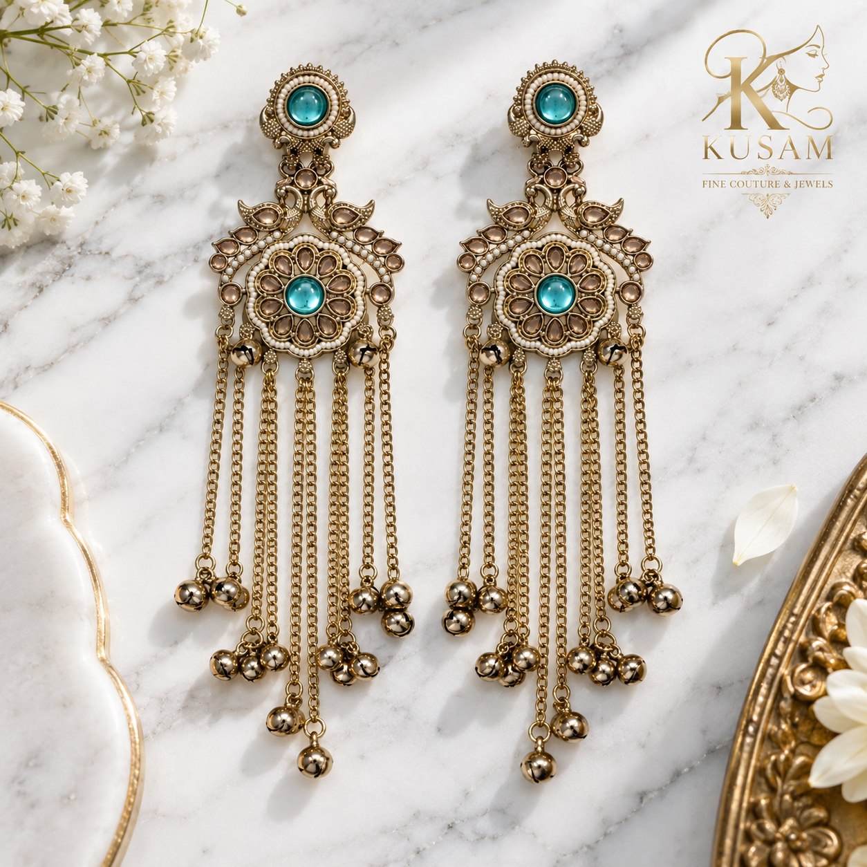 Aqua Peacock Cascade Chandelier Earrings