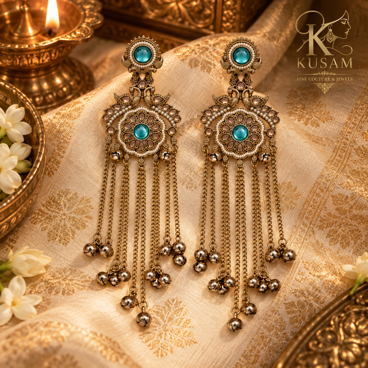 Aqua Peacock Cascade Chandelier Earrings thumbnail 3