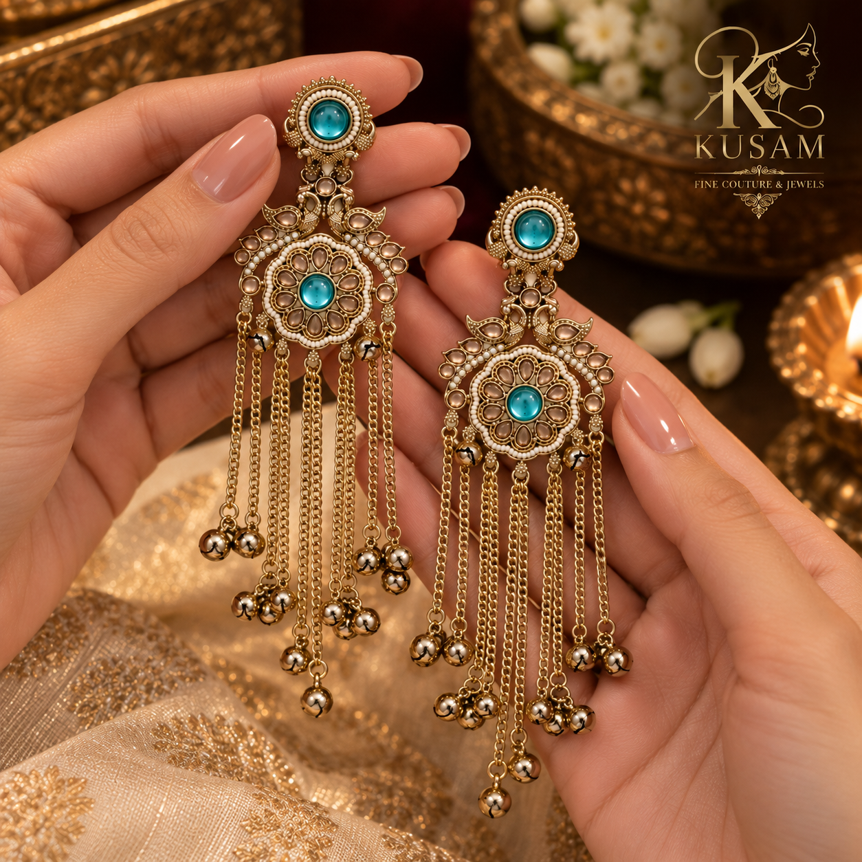 Aqua Peacock Cascade Chandelier Earrings thumbnail 4