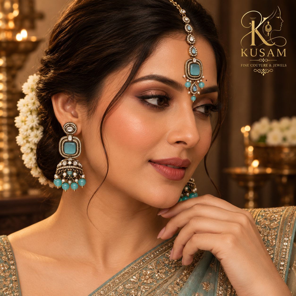 Celestial Aqua Jhumka & Maang Tikka Set thumbnail 3