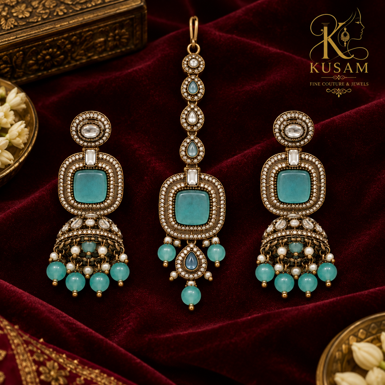 Celestial Aqua Jhumka & Maang Tikka Set