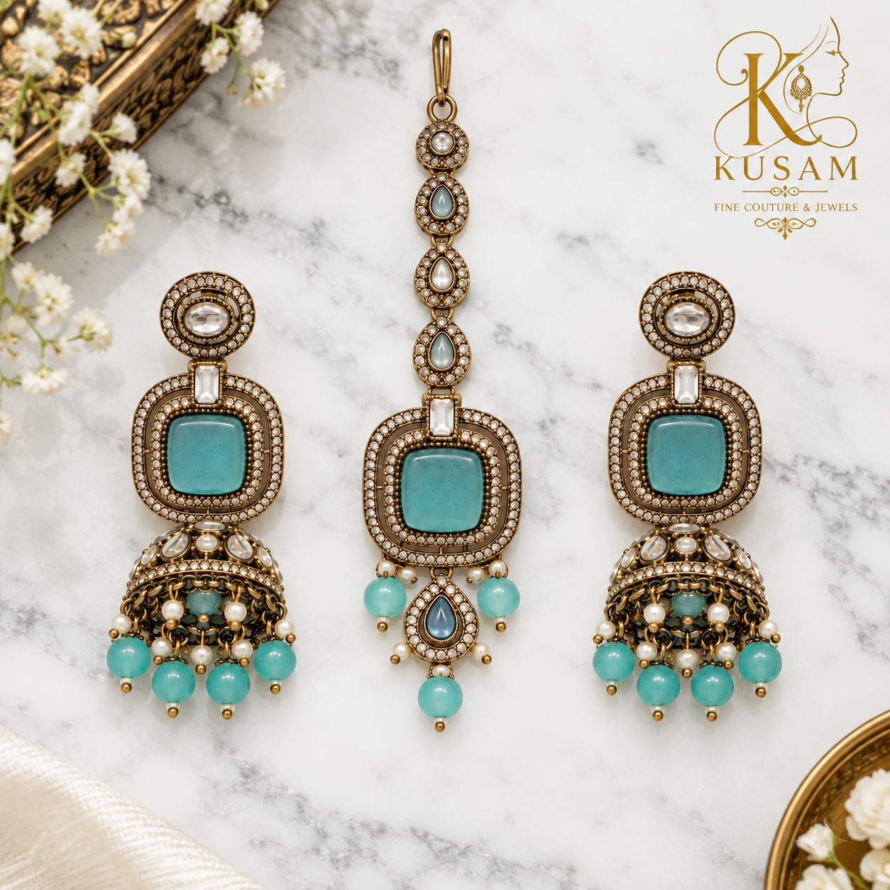 Celestial Aqua Jhumka & Maang Tikka Set thumbnail 2