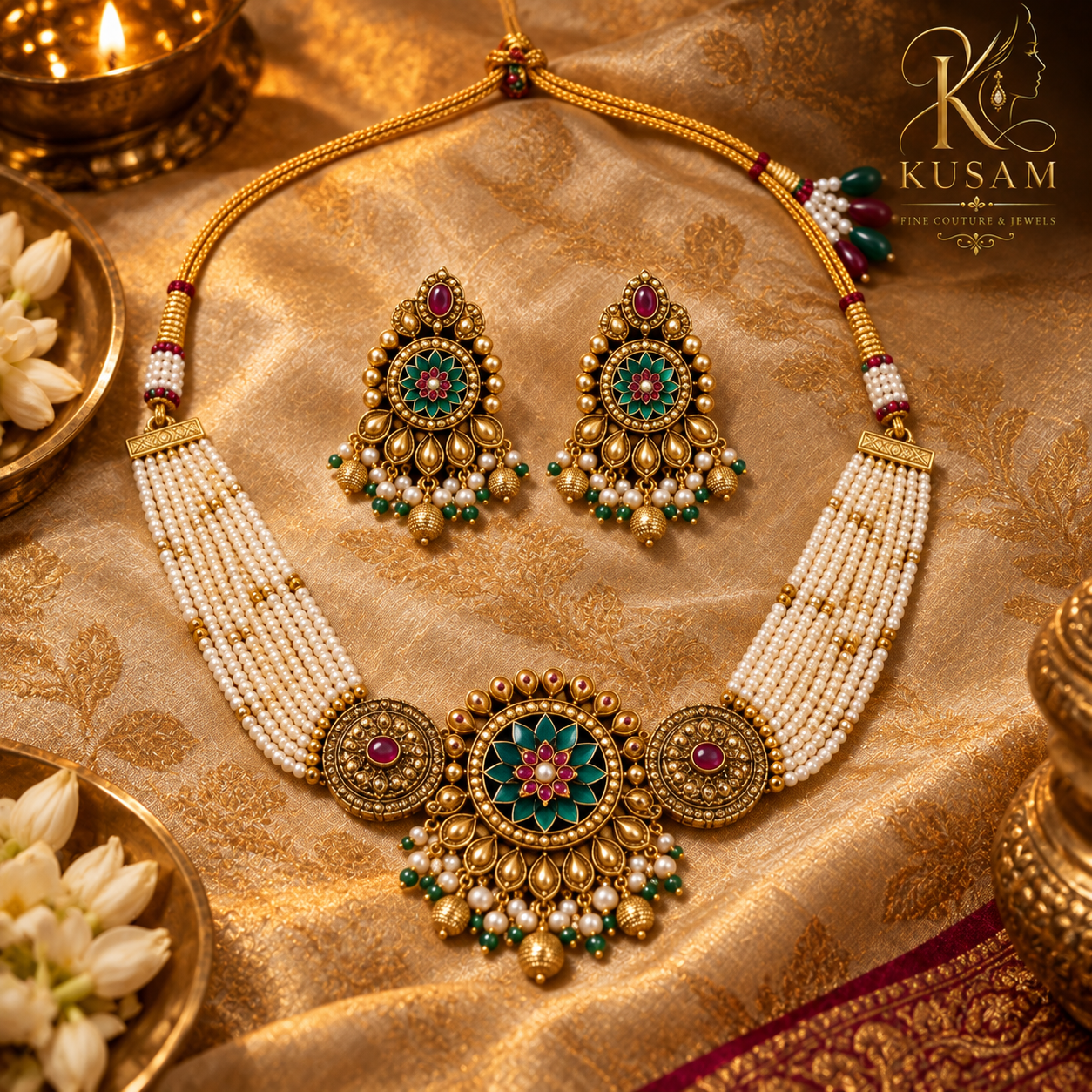 Heritage Emerald & Ruby Pearl Temple Set thumbnail 4