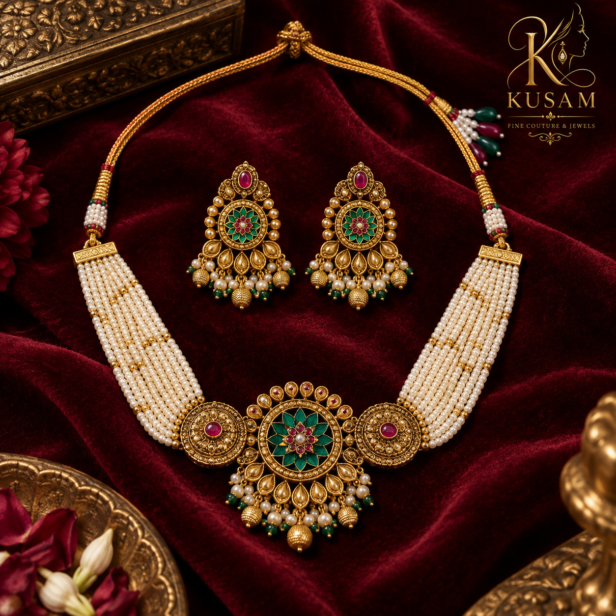 Heritage Emerald & Ruby Pearl Temple Set