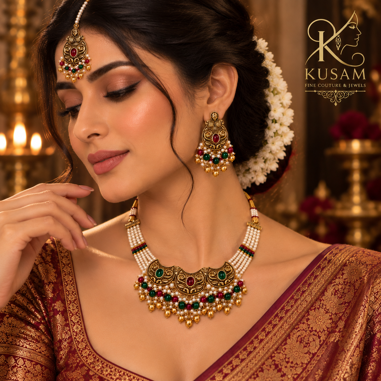 Heritage Emerald & Ruby Pearl Temple Set thumbnail 2