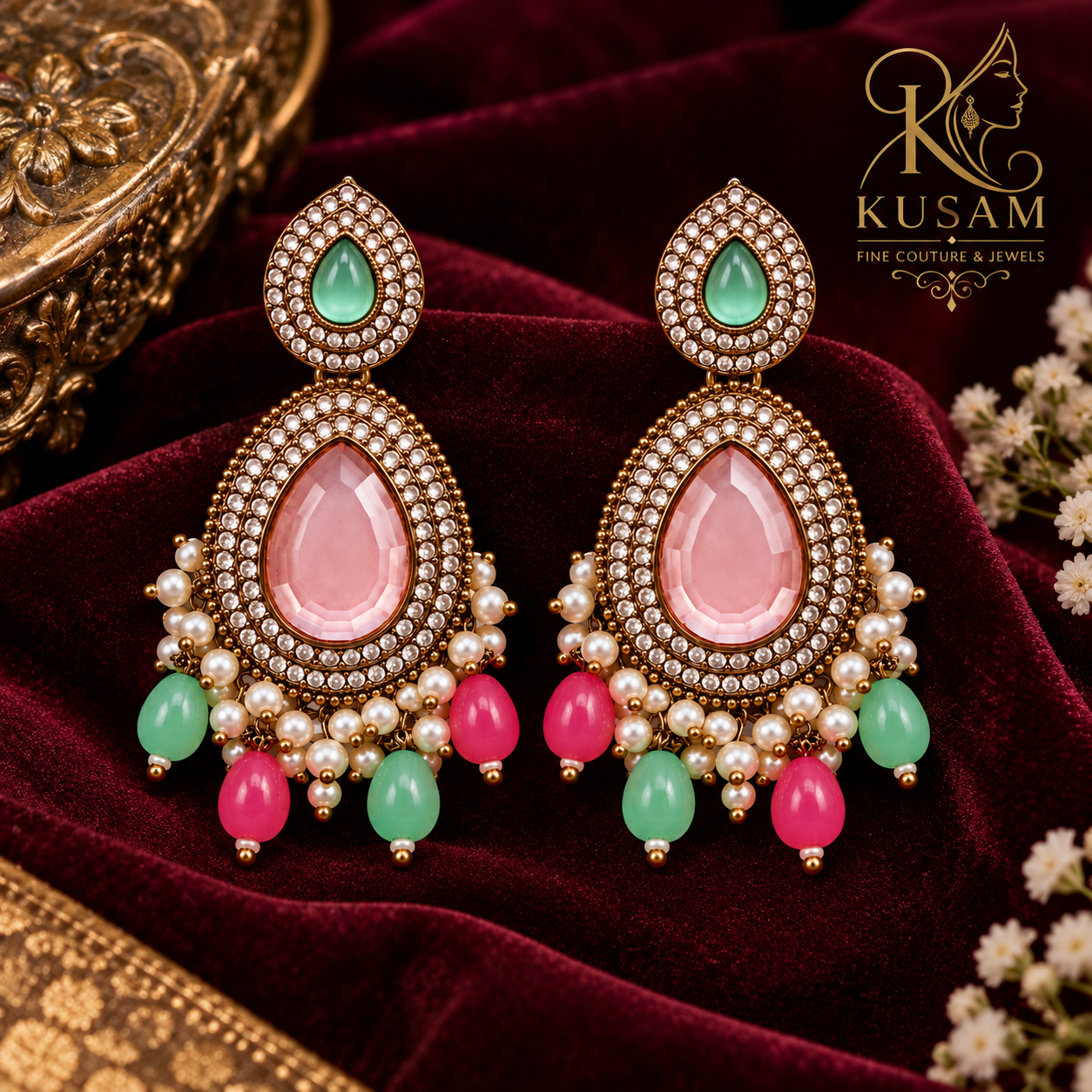 Pink Emerald Festive Drop Earrings thumbnail 3