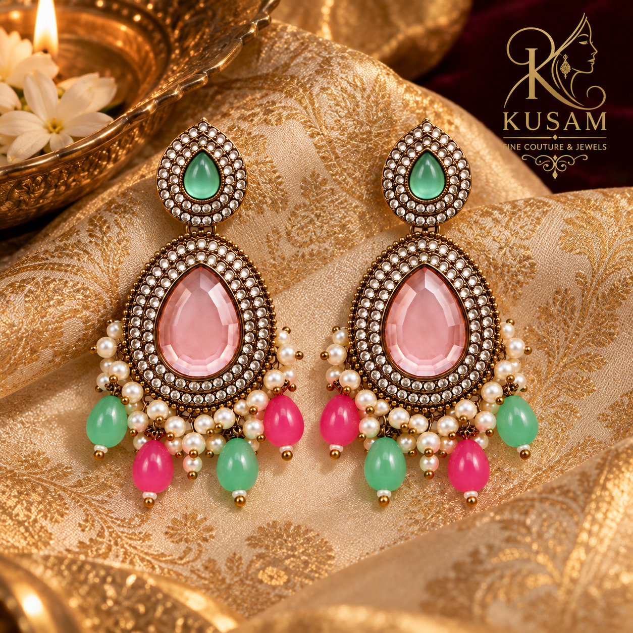 Pink Emerald Festive Drop Earrings thumbnail 4