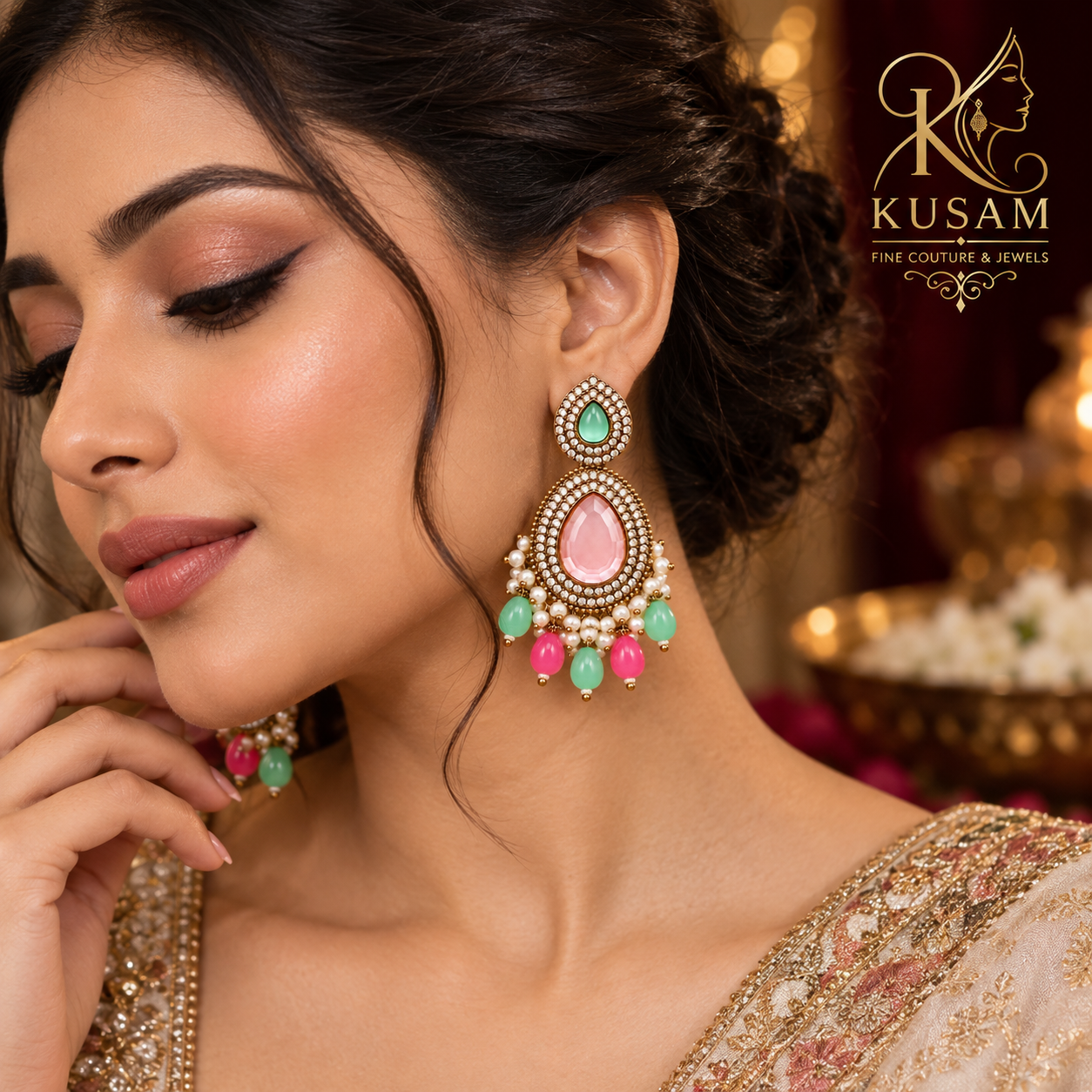 Pink Emerald Festive Drop Earrings thumbnail 2