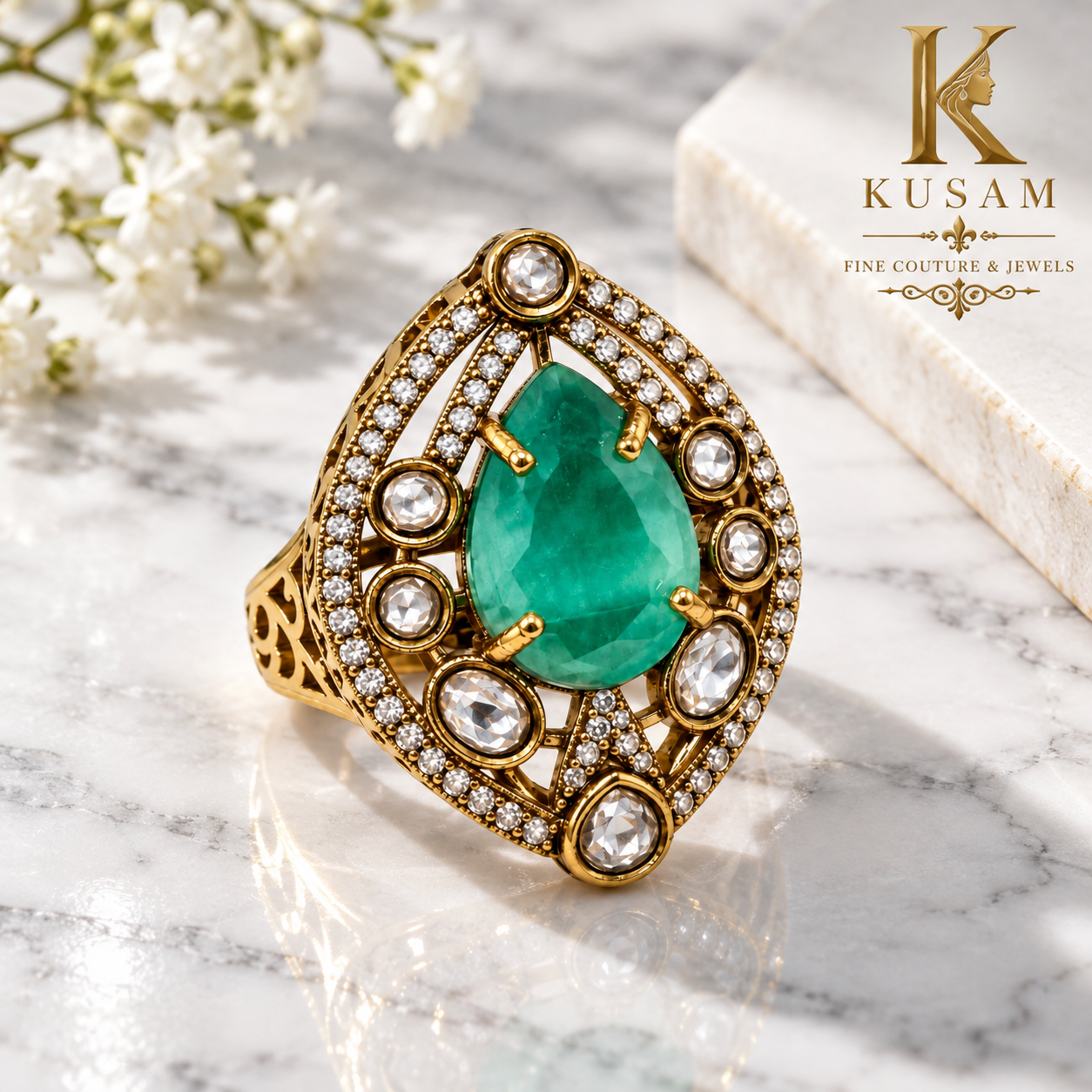 : Emerald Teardrop Statement Ring