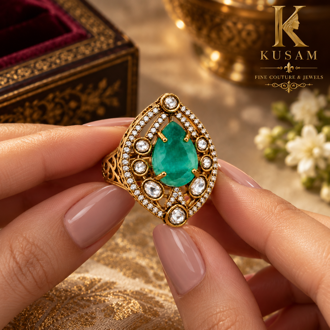 : Emerald Teardrop Statement Ring thumbnail 3