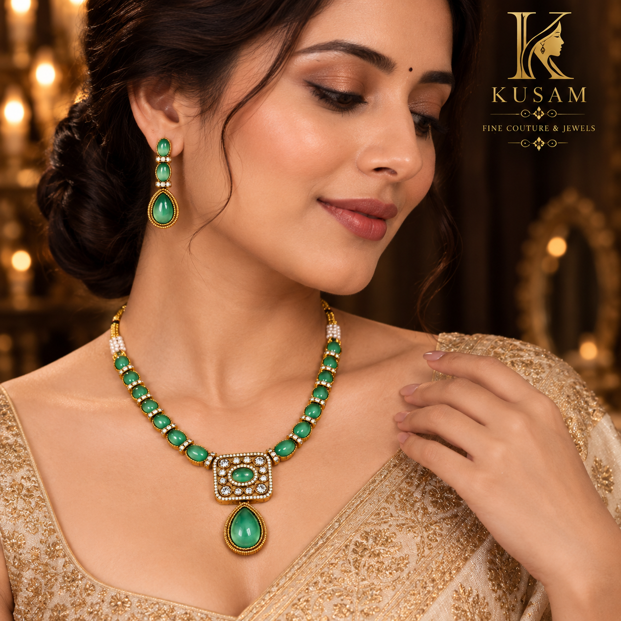 Emerald Teardrop Necklace Set thumbnail 3