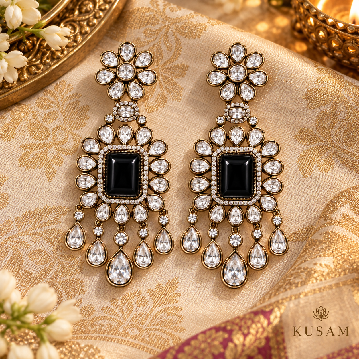 Black Stone Crystal Drop Earrings