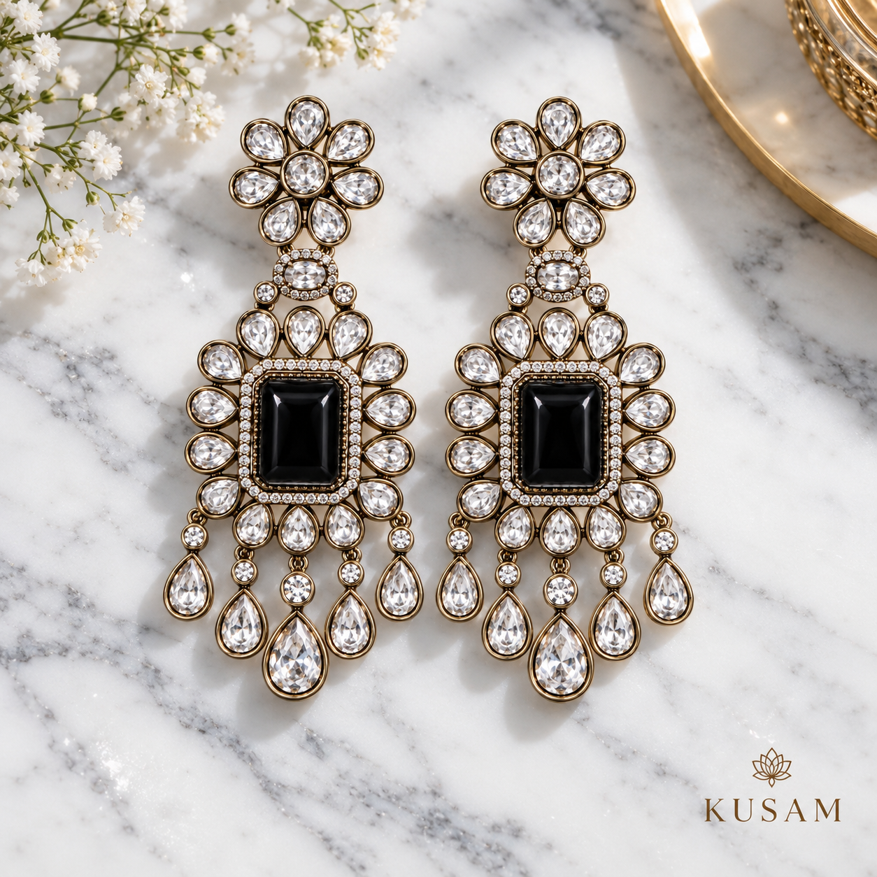 Black Stone Crystal Drop Earrings thumbnail 3