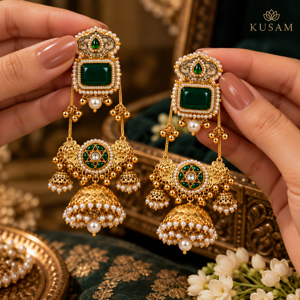 Emerald Pearl Jhumka Earrings thumbnail 4
