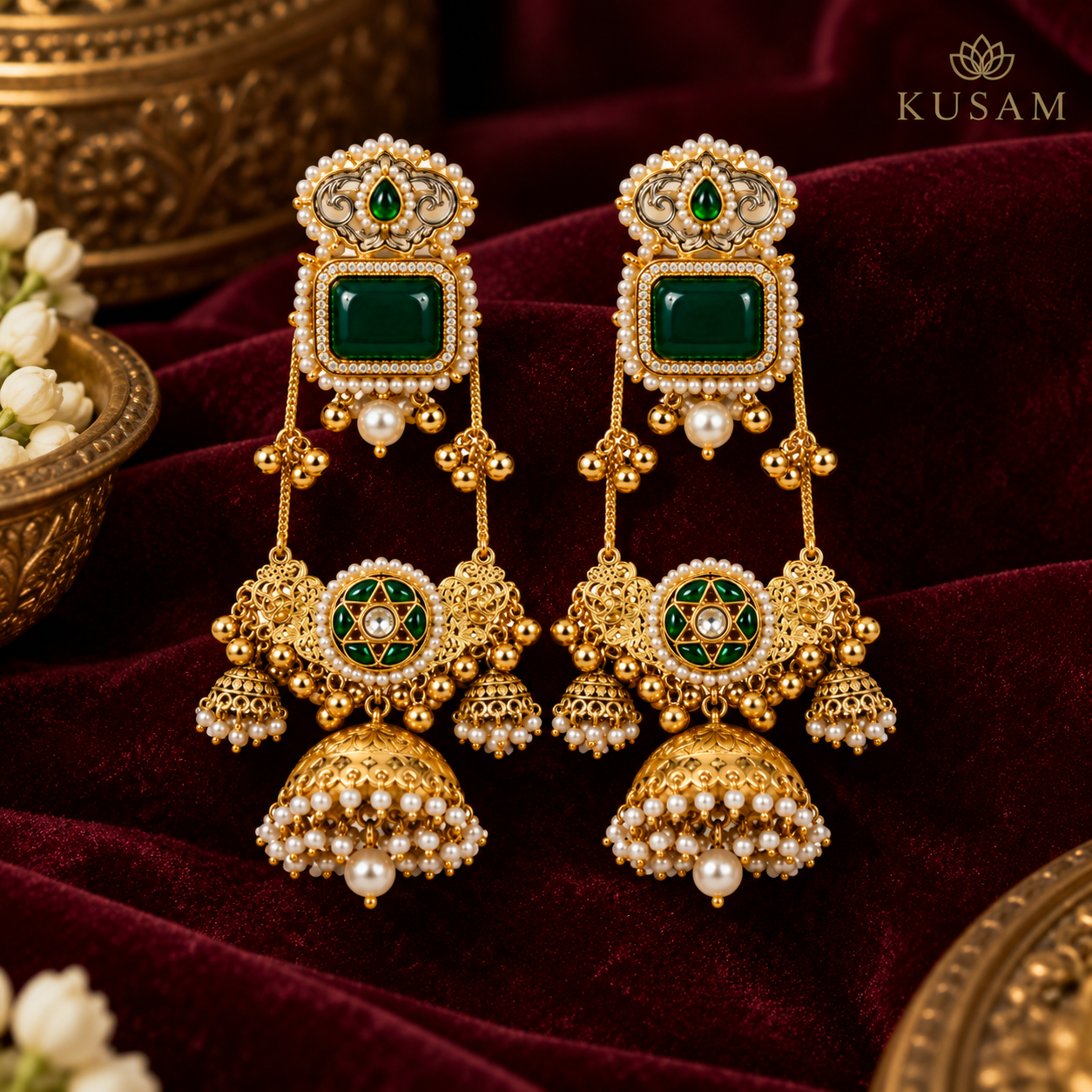 Emerald Pearl Jhumka Earrings