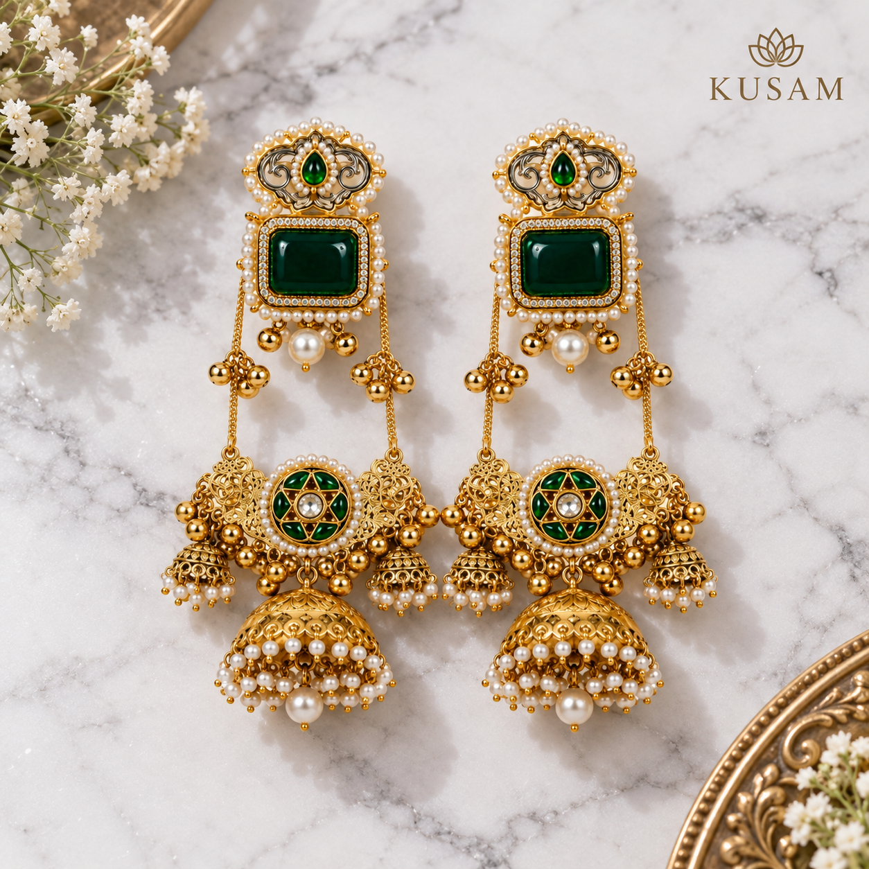Emerald Pearl Jhumka Earrings thumbnail 3