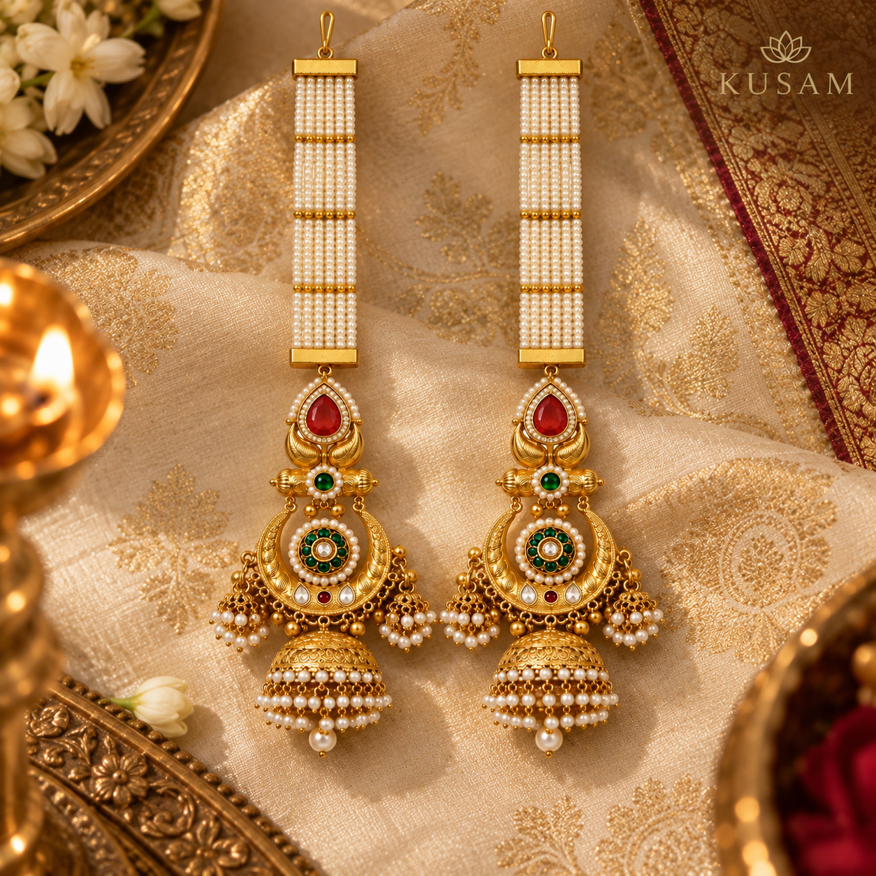 Ruby Emerald Long Drop Earrings thumbnail 2
