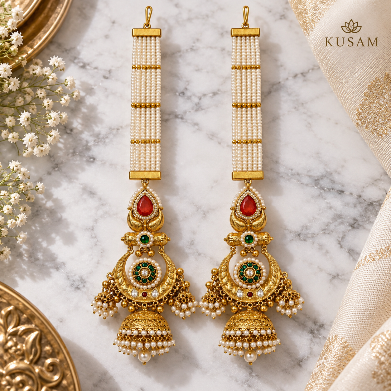 Ruby Emerald Long Drop Earrings thumbnail 3