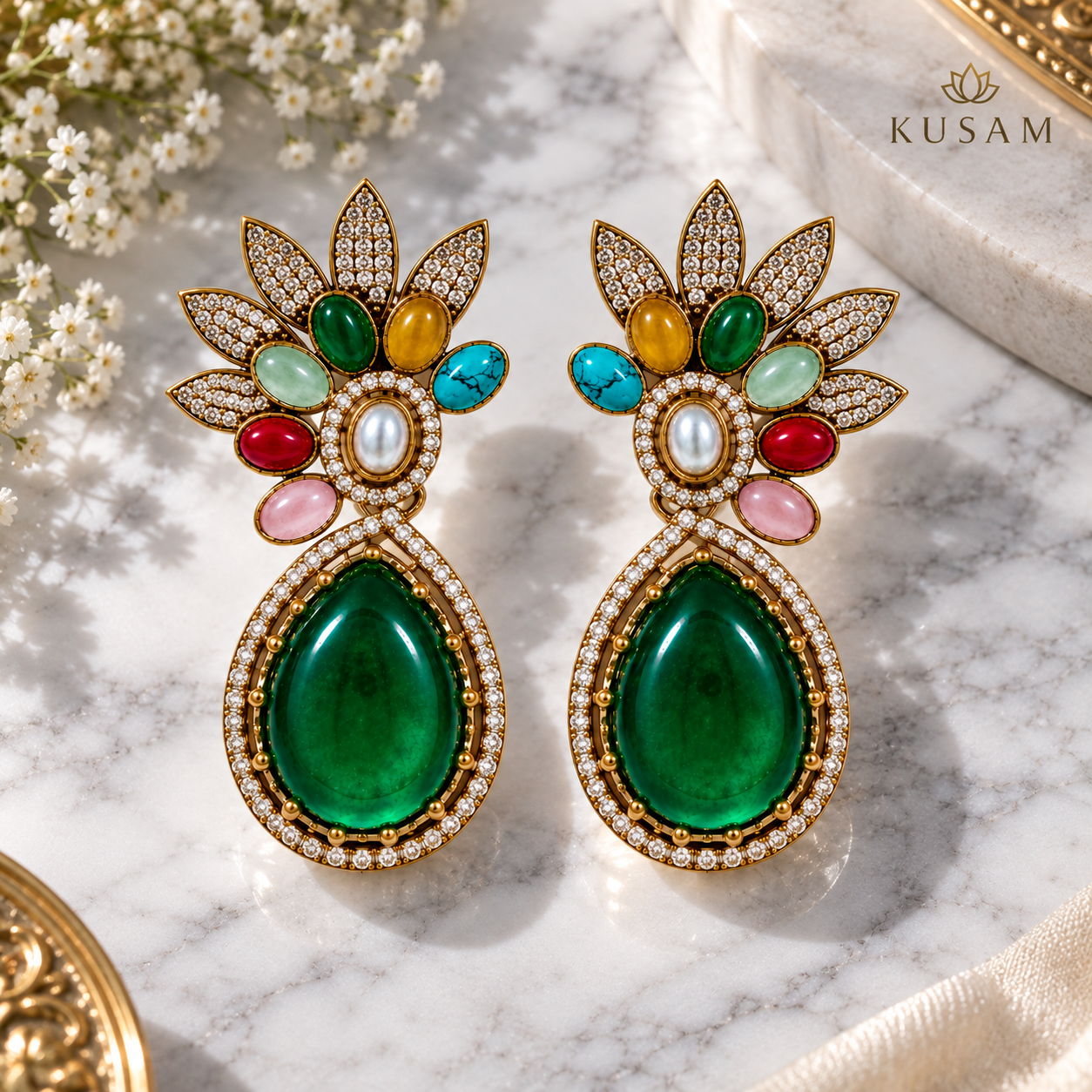 Emerald Floral Drop Earrings thumbnail 3