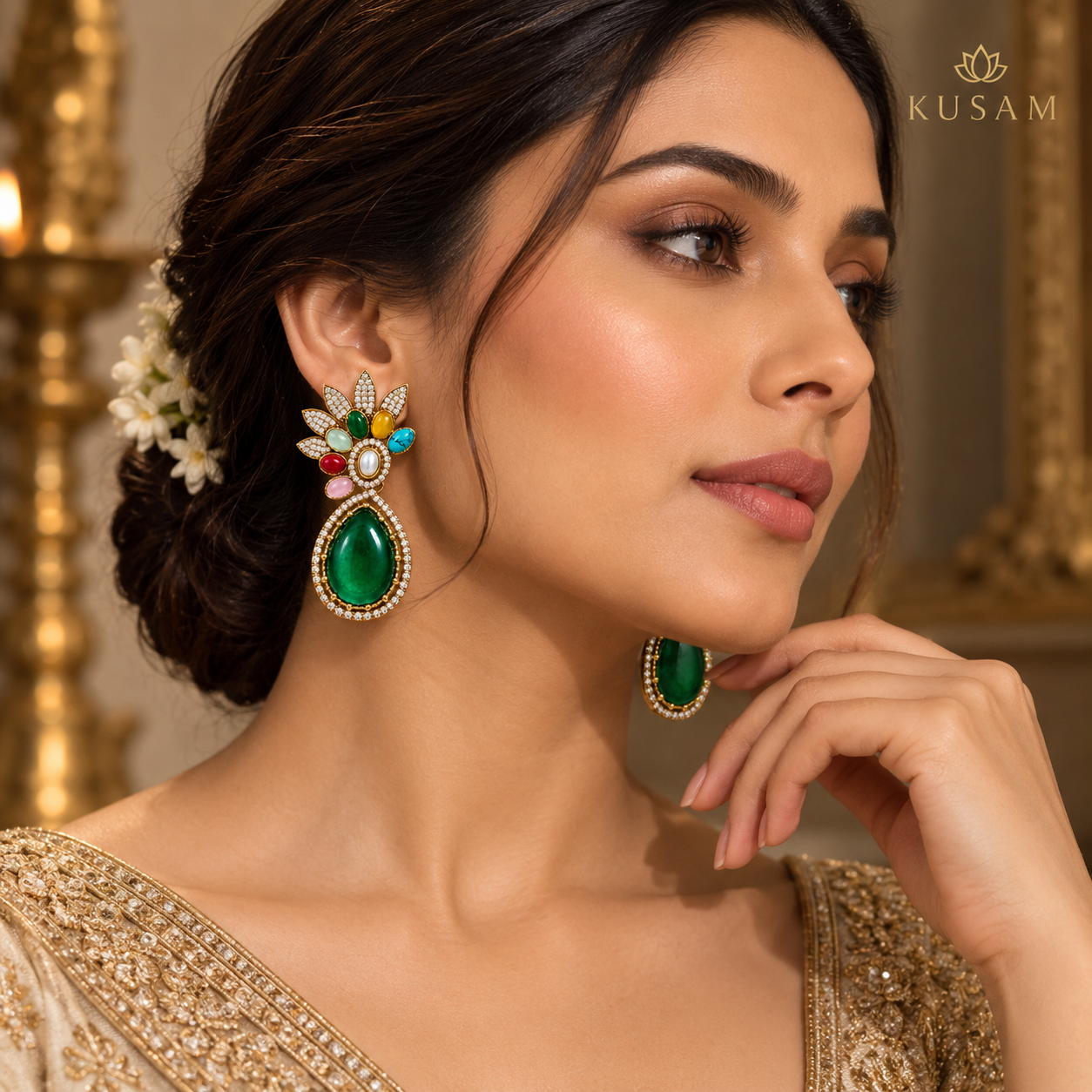 Emerald Floral Drop Earrings thumbnail 4