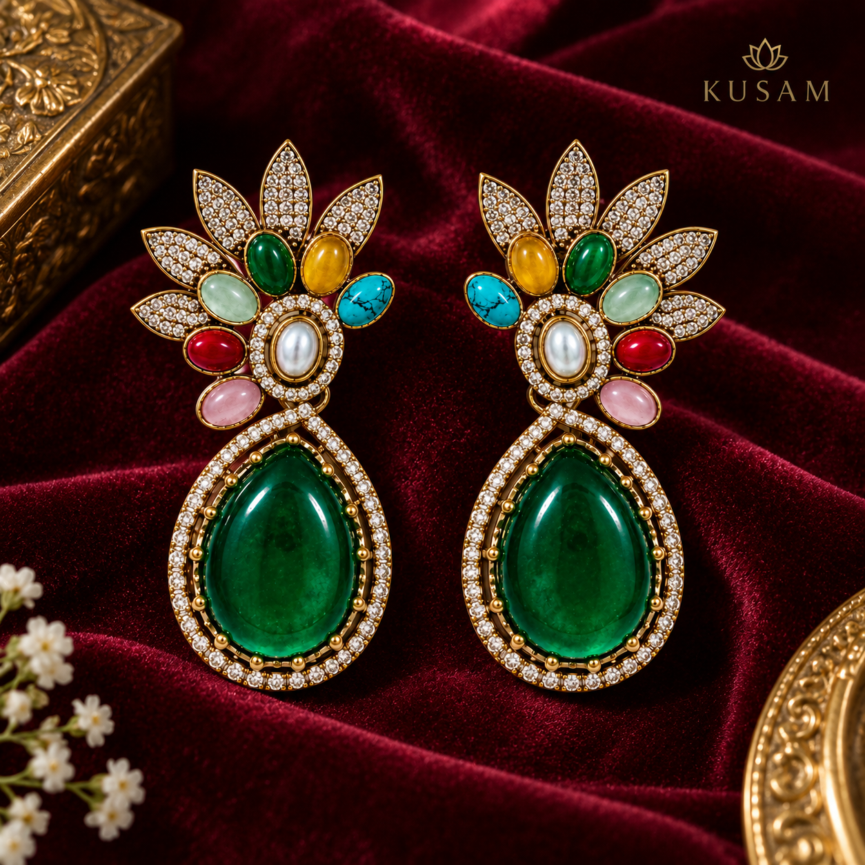 Emerald Floral Drop Earrings thumbnail 2